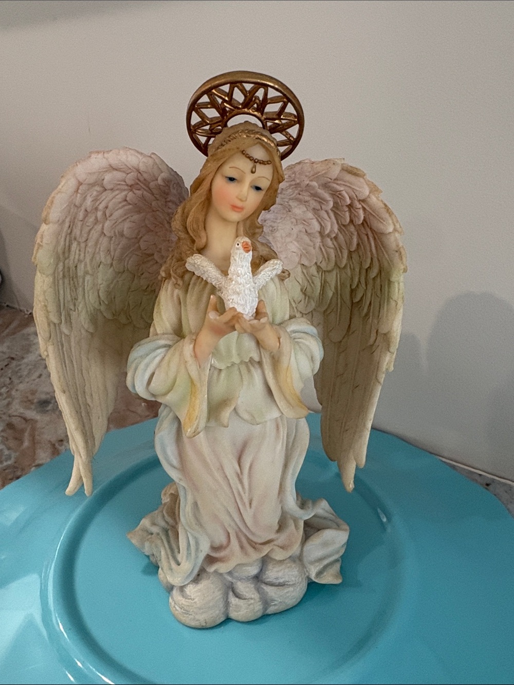 Roman Inc., Angel Figurine with Dove in Soft Cream and Pastel Tones
